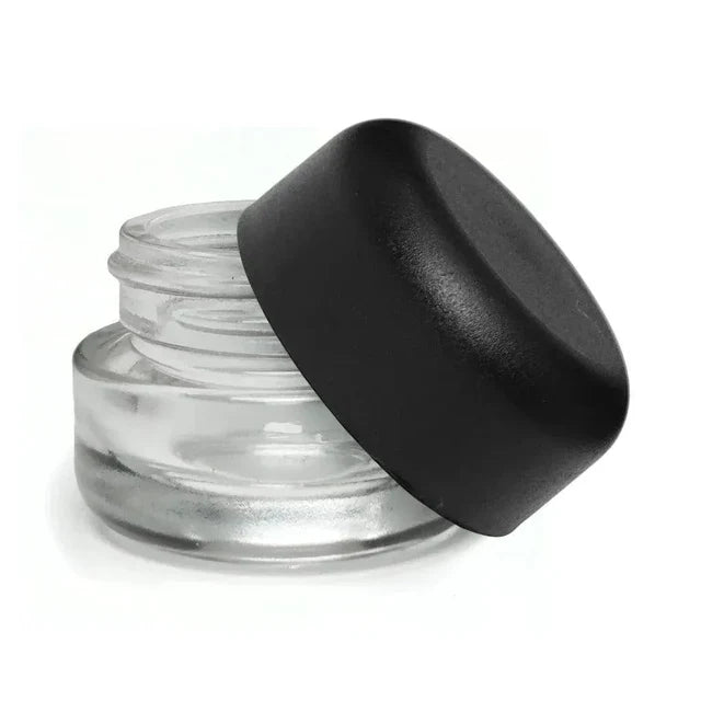 Child Resistant 5 Ml Clear Round Glass Concentrate Jar With Black Round Cap - 50 Count