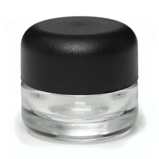 Child Resistant 5 Ml Clear Round Glass Concentrate Jar With Black Round Cap - 50 Count